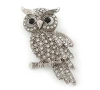 Clear Diamante 'Owl' Brooch In Rhodium Plating - 40mm Length