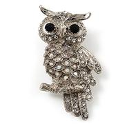 Clear Diamante Owl Brooch/Pendant (Silver Tone)