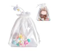 Clear Doll Display Bag, Portable Protective Case with Pom Poms Flower Bell Rope Hanging Carrying Pouch Drawstring Organizer Protector Cover Accessories for Collectibles Figures & Plush (White-Large)