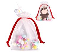 Clear Doll Display Bag, Portable Protective Case with Pom Poms Flower Bell Rope Hanging Carrying Pouch Drawstring Organizer Protector Cover Accessories for Collectibles Figures & Plush (Red-Large)