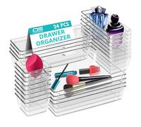 Clear Drawer Organiser Trays Set - Makeup Organiser Tray for Drawers - Versatile Makeup, Cosmetics, and Utensil Storage for Bedroom, Office, and Kitchen- Cutlery Set Divider In 4 Sizes (24 PCS)