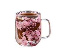 Clear Dried Flowers Double Walled Drinkware - Flower Tea Cup, Glass Cups with Handle, Heat Resistant Handle Drinkware Elegant Coffee Tea Cup | for Home Party Picnic Camping Outdoor Garden Courtyard