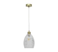 Clear Fluted Glass Ceiling Light Pendant with Satin Brass and Clear Fluted Cable, Height Adjustable 23-130cm, Kitchen Island Dining Lighting