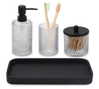 Clear Glass Bathroom Accessories Set 4PCS-Lotion Soap Dispenser,Toothbrush Holder,Qtip Holder Dispenser & Premium Resin Vanity Tray,Modern Bathroom Home Decor,Countertop Vanity Organizer,Crystal Clear