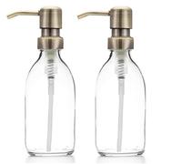 Clear Glass Bottles 250ml Soap Dispenser with Metal Pump (BPA-Free) Clear Glass Empty Pump Bottles - Reusable, Refillable, On-Trend, Eco friendly, Sustainable Living/Gift (Antique Brass Style, 2)