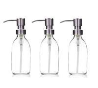 Clear Glass Bottles 250ml Soap Dispenser with Metal Pump (BPA-Free) Clear Glass Empty Pump Bottles - Reusable, Refillable, On-Trend, Eco friendly, Sustainable Living/Gift (Brushed Steel, 3)