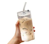 Clear Glass Cups with Lids and Straws 400 ml Square Drinking Glasses Portable Minimalist Drinking Cup for Juice, Cold Drinks, Iced Coffee Sustainable Drinking Glass for Home, Office (A)