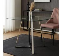 Clear Glass Square Dining Table with Silver Finish Metal Base, Metropolitan