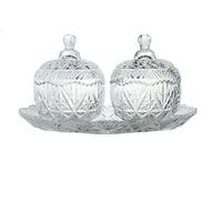 Clear Glass Sugar Bowls & Tray Set 3 Piece Decorative Candy Sweet Jar With Lid Crystal Cut Effect Covered Bonbon Bowl Small Round Clear Transparent Glass Chocolate Jar Dish Box
