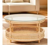 Clear Glass Top Natural Rattan Round Coffee Table with Lower Storage Shelf | Mat