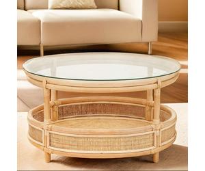 Clear Glass Top Natural Rattan Round Coffee Table with Lower Storage Shelf | Mat