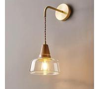 Clear Glass Wall SconceRetro Brushed Brass Wall Light Fixture Nordic Solid Wood Bedside Wall Mount Lamp, Japanese Style Transparent Glass Decor Lighting,