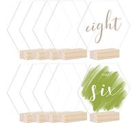 Clear Hexagon Acrylic Sign with Wood Stand-10 Pack 5.5 Inch Blank Hexagon Table Signs with Wood Base, DIY Acrylic Sign Blank for Wedding Table Numbers
