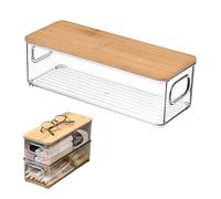 Clear Kitchen Organizer Box - Stackable Pantry Storage with Wooden Lid, Multifunction Fridge Organizer | Ideal for Kitchen, Cosmetics, Jewelry, and Document Storage, Cabinet Organizer for Homes