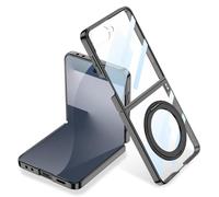 Clear Magnetic Case for Samsung Galaxy Z Flip 7 with Ring Holder & Built-in Screen Protector [Compatible with Wireless Charging ] Crystal Clear Plating Shockproof Cover for Z Flip 7 (Black)
