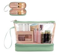 Clear Makeup Bag Small Travel Makeup Bag with Brushes Organiser Compartments, TSA Approved Toiletry Bag for Travel Size Toiletries, Holiday Essentials Women, Green