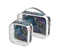 Clear Makeup Bags 2 Pack TSA Approved Toiletry Bag Quart Size Travel Cosmetic Bag Fit Carry-on Toiletries Essential Wolf Meteor Flower