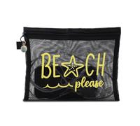 Clear Mesh Travel Bag for Toiletries Yellow Beach Print Travel Essentials Mesh Organiser with Blue Seashell Charm Cosmetic Makeup Bag for Holiday Trip Black Beach Bags for Women Girls