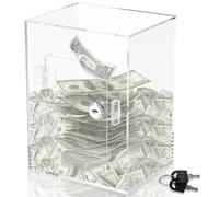 Clear Money Box for Adults Kids,15×12×20cm Acrylic Piggy Bank with Key, No Need to Break Transparent Rectangle Money Saving Box for Budget and Save, Coin and Cash