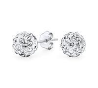 Clear Pave Crystal Disco Ball Stud Earrings for Women and Teens - Round, Simple, Basic Design - .925 Sterling Silver - 8MM