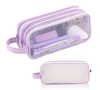 Clear Pencil Case Large, Big Capacity Grid Mesh Pencil Case with 2 Compartments, Aesthetic Preppy Pencil Pouch for Girls Boys Secondary School, Cute Stationery Organiser for Kids Teenager (Purple)