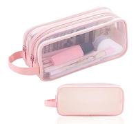 Clear Pencil Case Large, Clear Mesh Pencil Case Pouch, 2 Compartment Pen Bag Clears Multifunction Pencils Pouch Transparent Makeup Bag for Teen Student College Business Travel Office Adult (Pink)