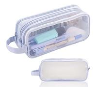 Clear Pencil Case Large, Clear Mesh Pencil Case Pouch, 2 Compartment Pen Bag Clears Multifunction Pencils Pouch Transparent Makeup Bag for Teen Student College Business Travel Office Adult (Blue)
