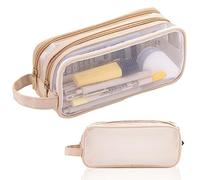 Clear Pencil Case Large, Clear Mesh Pencil Case Pouch, 2 Compartment Pen Bag Clears Multifunction Pencils Pouch Transparent Makeup Bag for Teen Student College Business Travel Office Adult (Brown)