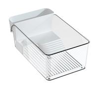 Clear PET Fridge Storage Drawer with Sliding Lid and Front Handle | Transparent rectangular storage bin with wire-style sides, clear sliding top and broad front grip; exact dimensions and-
