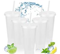 Clear Plastic Cups with Lids and Straws, 5Pcs Reusable & BPA Free Iced Water Cups, Cold Drinking Tumblers, Custom Cup for Coffee Smoothie Juices, Party Cup Bulk for Adult Kid Women (24oz/720ml)