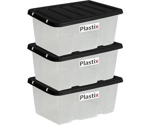 Clear Plastic Storage Box Boxes with Black Lids Home Office Stackable UK Made (3