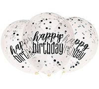 Clear Printed Glitz Happy Birthday Latex Balloons with Confetti Black & Silver (30cm) - Perfect for Party Decor, Birthday & More - 6 Pcs