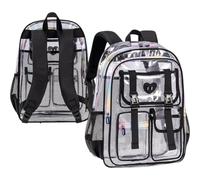Clear PVC Backpack Heavy-Duty Transparent Rucksack, Multiple External Pockets, Reinforced Strap Seams, See-Through Daypack for Event Stadium Travel Workplace
