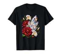 Clear Quartz Crystals with Red Dahlias and White Moonflowers T-Shirt