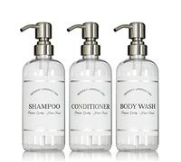 Clear Refillable Shampoo and Conditioner Bottles - Body Wash, Shampoo and Conditioner Dispenser - PET Plastic Shampoo Bottles Refillable with Pump - Waterproof Labels - 16 oz, 3 Pack (Stainless Steel)