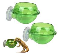 Clear Reptile Feeding Bowl with Suction Cup, Raised Insect Bowl for Bearded Dragons, Geckos, Chameleons - Escape Proof Feeder for Live Worms in Glass Terrariums (Green 2 Pack)