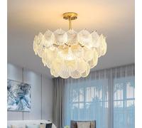 Clear Ribbed Glass Shell Chandelier Large Shade Drum Round Boho Coastal Chandelier for Dining Room Vintage Gold Nordic Ceiling Pendant Light for Living Room Bedroom Foyer Entryway