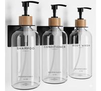 Clear Shampoo and Conditioner Dispenser Set Wall Mounted by Brighter Barns - Plastic Shower Dispenser 3 Chamber No Drill - Refillable Shampoo, Body Wash and Conditioner Bottle for Shower Wall (Clear)