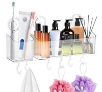 Clear Shower Caddy Suction, 2PCS Shower Caddy No Drilling, Suction Vacuum Bathroom Shelf with Knob, Wall Mounted Shower Organiser with 6 Hooks, Acrylic Showe r Rack Stick on for Bathroom Kitchen