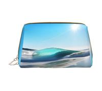 Clear Sky Wave Beach Leather Hand-Held Zipper Makeup Bag Storage Bag for Miscellaneous Items Pen Case
