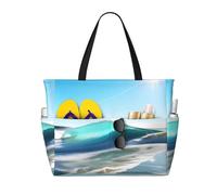 Clear Sky Wave Beach Print Beach Tote Bag Waterproof Large Bags With Zipper Big Capacity For Vacation Travel