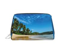Clear Sky Wave Beach Print Premium Leather Toiletry Travel Pouch with Waterproof Portable Pouch Open Flat Makeup Bag