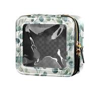 Clear Small Makeup Bag Teal Blue Leaves Beige Toiletry Bag Leather Cosmetic Bag for Travel, teal blue leaves beige705, 5.1" x 4.7" x 2.2", Art Deco