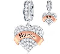Clear Sparkle Nurse RN Heart Pendant Charms in 925 Sterling Silver, fits Pandora Medical Bracelet, Love Nursing Registered Dangle Beads, Gift for Mother/Doctor/Sister