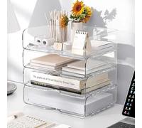 Clear Stackable Paper Trays 4 Pack, Desktop Racks, PET Clear Desk Letter Tray Set, Stackable Desk Organizer for Books, Magazines, Folders, A4 Size File Paper, Notes, Pens