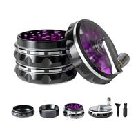 Clear Top Herb Grinder Metal Large 2.5'' Large 4-Part, Aluminum Alloy Spice Grinder with Foldable Handle,Pollen Scraper and Cleaning Brush (Black Purple)