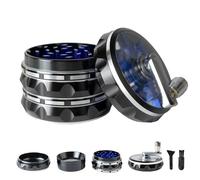 Clear Top Herb Grinder Metal Large 2.5'' Large 4-Part, Aluminum Alloy Spice Grinder with Foldable Handle,Pollen Scraper and Cleaning Brush (Black Blue)