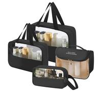 Clear Travel Hanging Toiletry Bag - 4Pcs Portable Waterproof PU Transparent Cosmetic Bag, Suitable for Full Size Travel and Holiday Essentials Toiletry Bag for Women and Girls (Black)