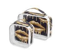 Clear Travel Toiletry Bag, Golden Lips Pattern 2PCS Portable Waterproof Makeup Bag, Transparent Cosmetic Bag, Travel Storage Pouch