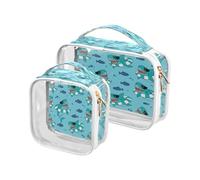 Clear Travel Toiletry Bag, Green Shark Fish 2PCS Portable Waterproof Makeup Bag, Transparent Cosmetic Bag, Travel Storage Pouch